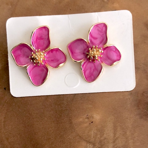 Pink + Gold Flower Statement Earrings - Picture 4 of 6